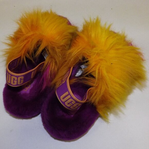 UGG Girls Fluffy Oh Yeah Fuzzy Slippers Size 13 Purple Yellow Faux Fur - Picture 3 of 8